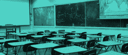 Screenshot from the game depicting a blue classroom.